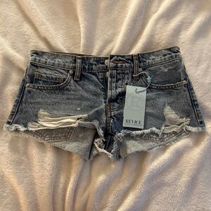 REVICE Women's Distressed Jean Shorts - Blue and White
